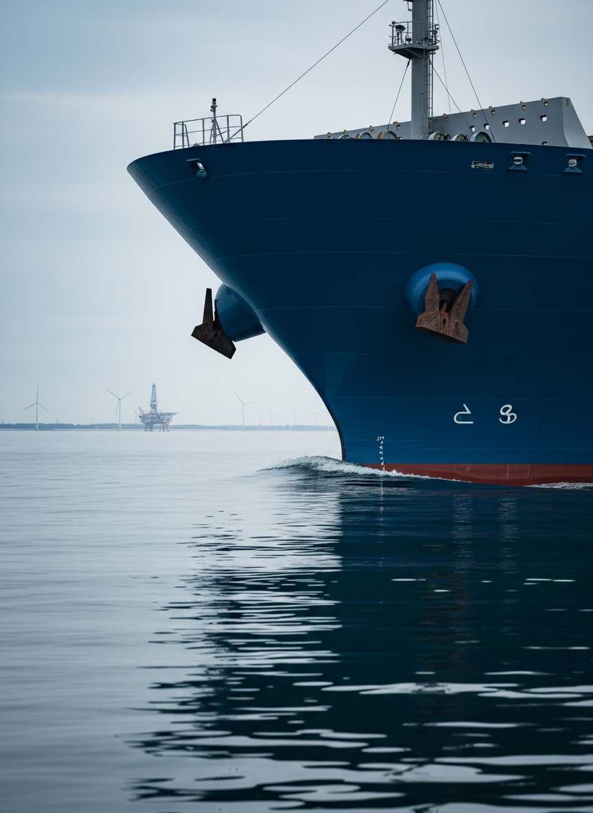 A sleek, deep-blue container ship hull rendered in photographic realism, cutting cleanly through calm open water, its bow prominently in the foreground. The vessel’s surface shows subtle rivet lines, fresh paint, and a fine mist of spray at the waterline. In the distance, a faint coastline with wind turbines and an offshore platform is softly blurred. Early morning, slightly overcast light creates gentle reflections on the steel and a cool, professional mood. Captured from a low, three-quarter angle at water level with a wide lens, emphasizing scale and stability, sharp focus on the hull with a gradual depth falloff. The composition is clean, modern, and uncluttered, suggesting strategic oversight of maritime operations.