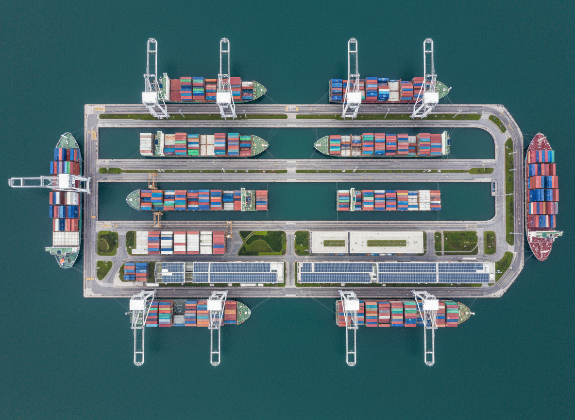 An overhead photographic view of a modern port basin with several moored cargo vessels arranged in an orderly pattern, their decks lined with color-coded containers and clean white superstructures. The water is a deep teal, with subtle ripples and crisp reflections of cranes and quay walls. Along the shoreline, low-profile, energy-efficient terminal buildings feature rooftop solar panels and landscaped green strips. Soft, diffused midday sunlight from an overcast sky eliminates harsh shadows, creating a balanced, professional tone. The composition uses a wide, top-down perspective with strong geometric lines formed by piers, berths, and container stacks, conveying strategic planning, logistics optimization, and environmental consideration in maritime business development.