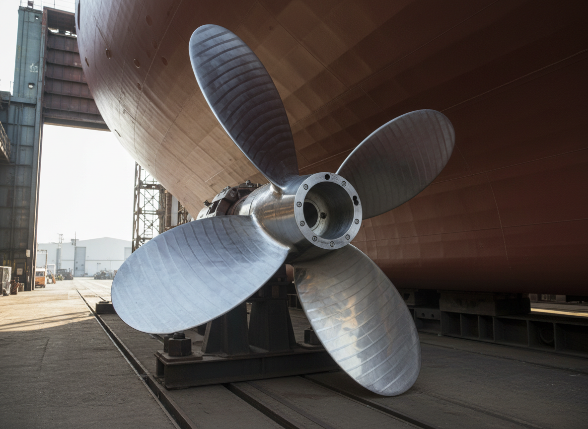 A close-up, photographic-realistic view of a polished stainless-steel ship propeller mounted on a drydock stand, each blade flawlessly smooth with fine machining lines visible along the curved surfaces. The background shows the red anti-fouling hull of a large vessel rising behind it, with structural drydock elements softly out of focus. Late afternoon natural light streams in from an open dock gate, creating crisp highlights on the metal and long, defined shadows on the concrete floor. The atmosphere is precise and technical, yet calm. Captured from a slightly low, three-quarter angle with shallow depth of field, the composition centers on the propeller as a symbol of efficiency, performance, and applied research in ship operations.