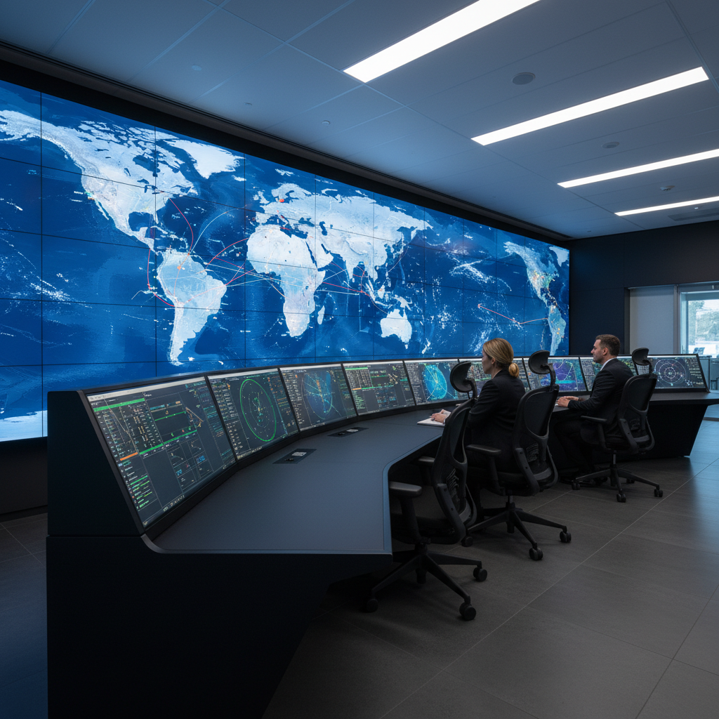A high-tech maritime operations control room with a long, dark matte console covered in multiple ultra-wide marine radar and ECDIS screens, each displaying detailed nautical charts, environmental data, and vessel routes in crisp blues and greens. A large central wall display shows a world map with shipping lanes and weather systems. Cool, diffused LED ceiling panels provide even white light, complemented by a soft glow from the screens that casts subtle reflections on the glossy floor. The mood is focused and analytical. Shot at eye level with a slight diagonal perspective, creating depth along the console. Photographic realism with a clean, minimal aesthetic, emphasizing digital innovation and strategic decision-making in maritime consulting.